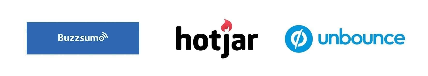 Buzzsumo, Hotjar, and Unbounce logo symbols on white background