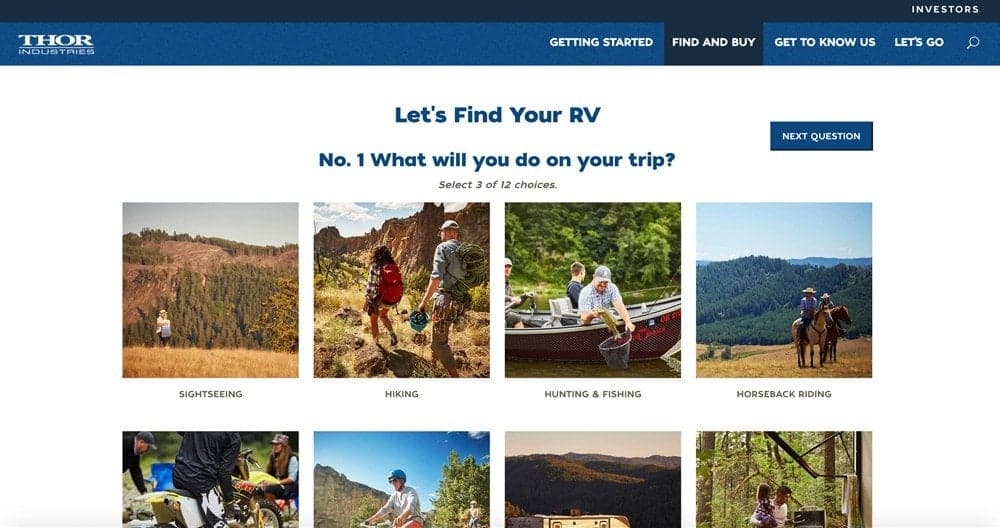 Thor Industries RV finder tool with activity and vehicle type selection