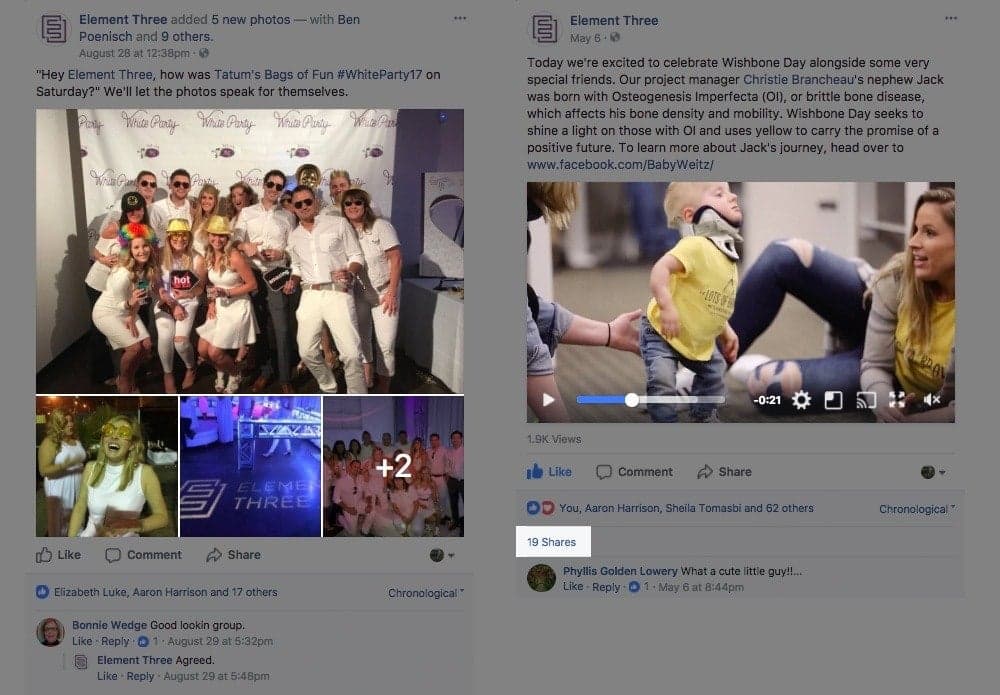 Element Three social media posts celebrating team events and company culture moments
