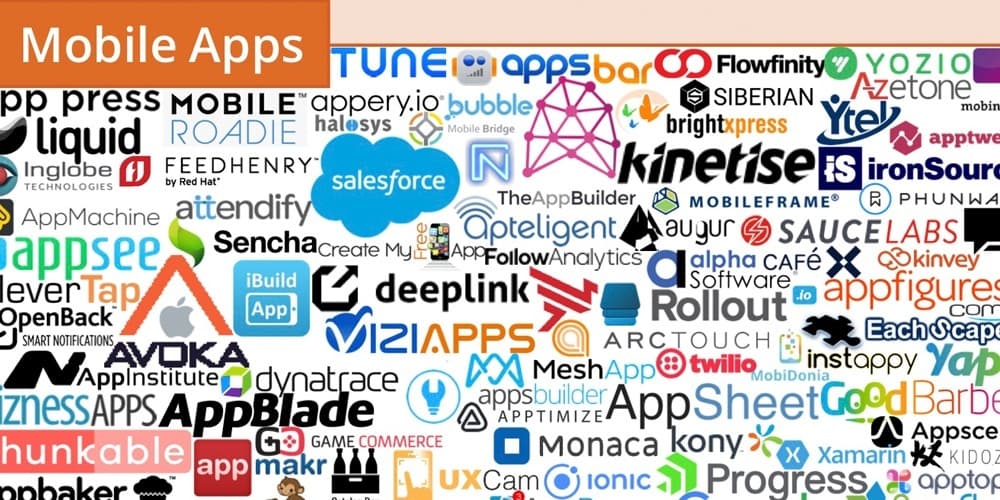 Technology logos for mobile app development and marketing tools
