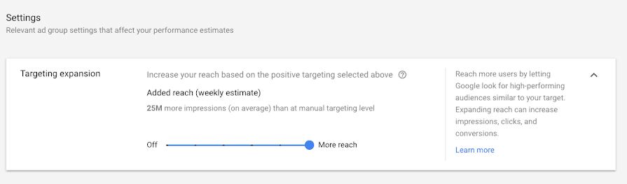 Google Ads relevant audiences interface with in-market and affinity audience options
