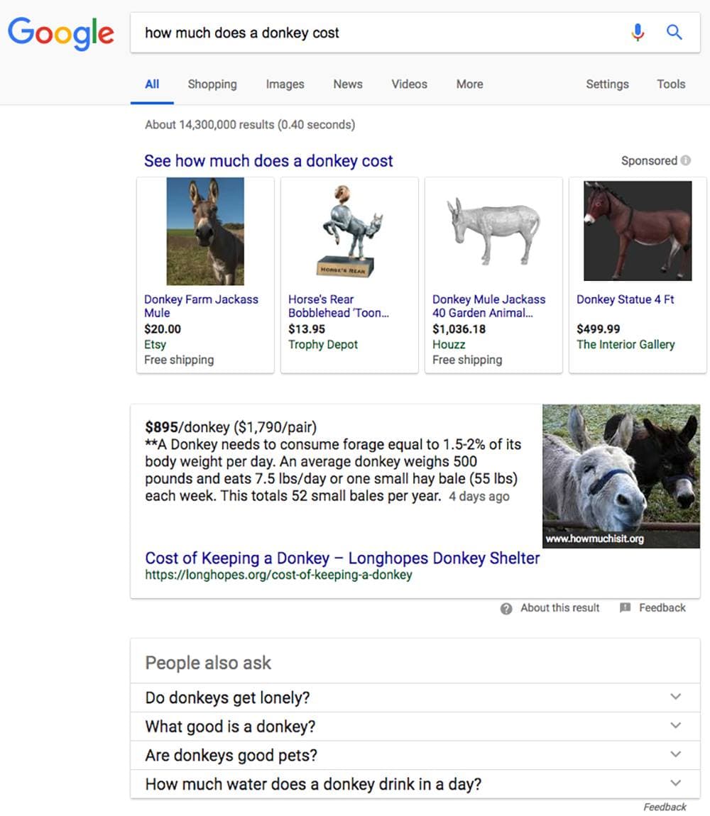 Google search results for how much does a donkey cost with product listings and pricing