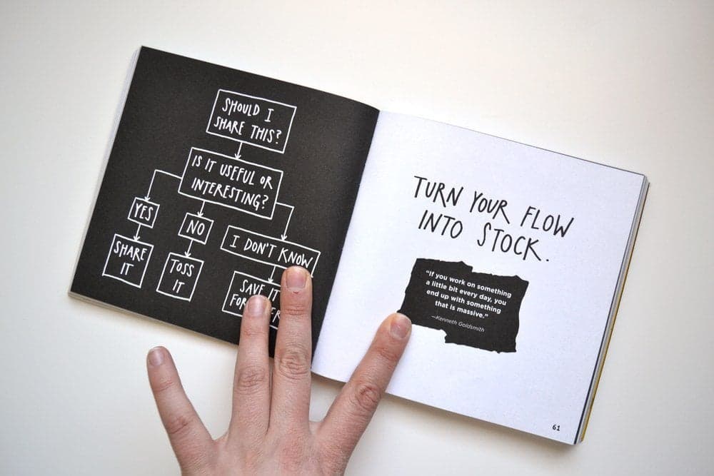 Open book with decision tree diagram on dark page and brand voice quote on light page