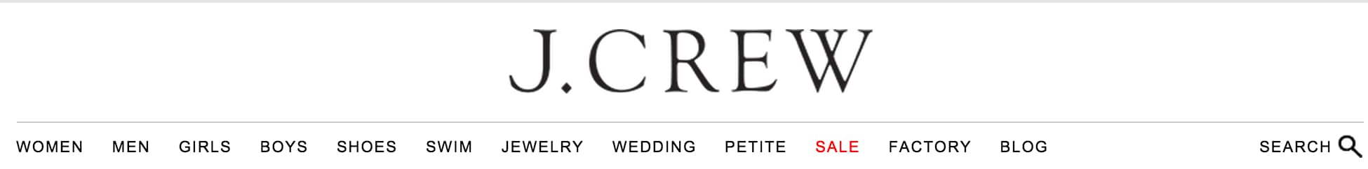 J. Crew website navigation header with category menu and search function