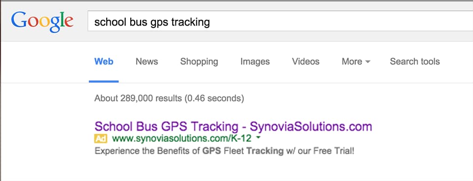 Google search results page showing school bus GPS tracking content