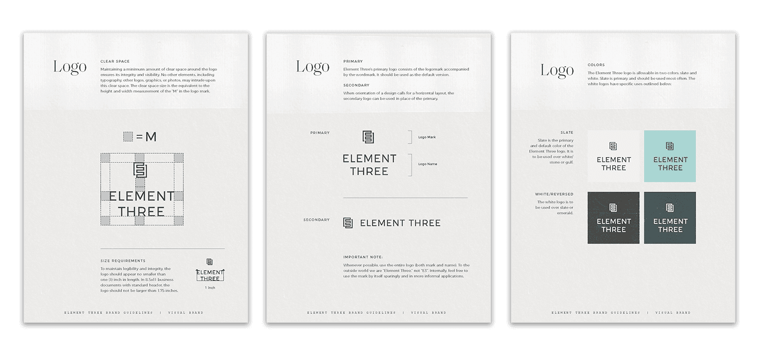 Brand identity guide pages showing logo applications and design system