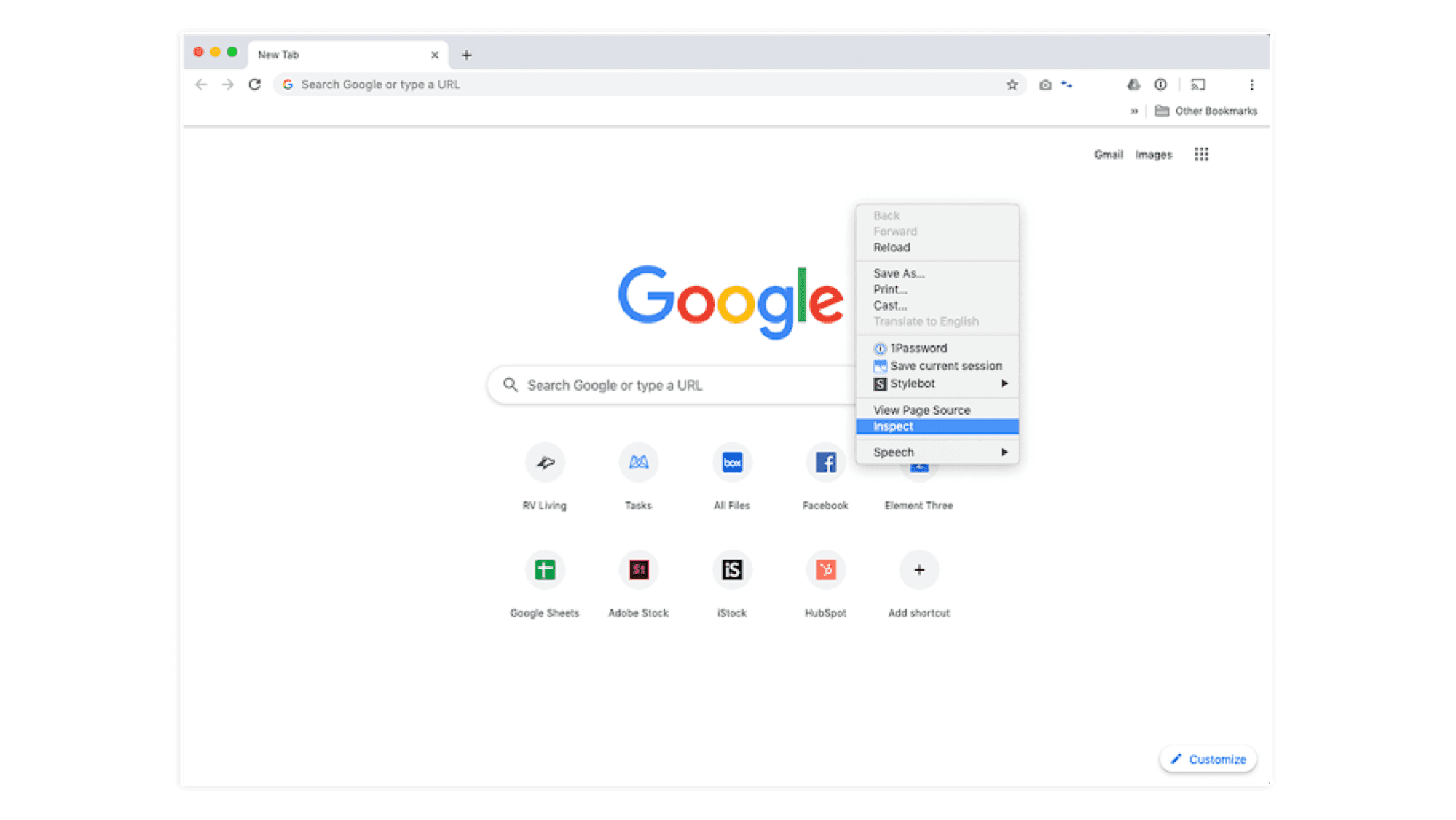 Chrome browser new tab page with Google search and app shortcuts