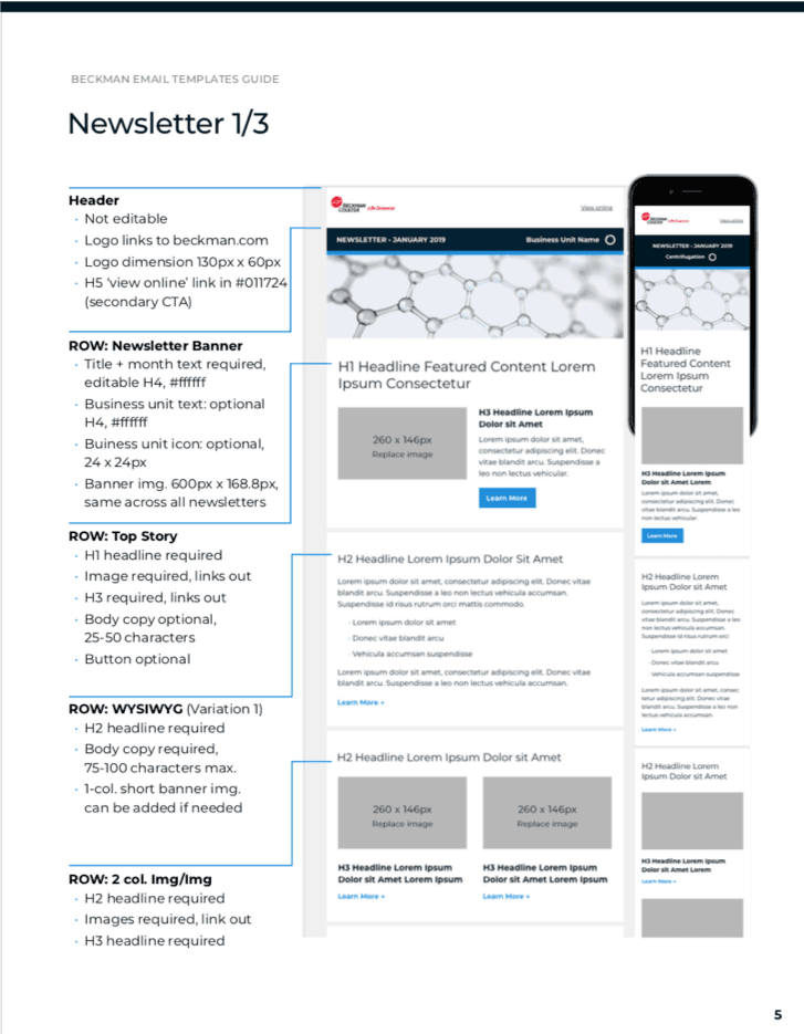 Email template guide for newsletters showing layout specifications and content structure