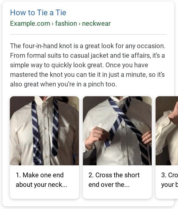 Tutorial showing three steps of tying a tie with hands