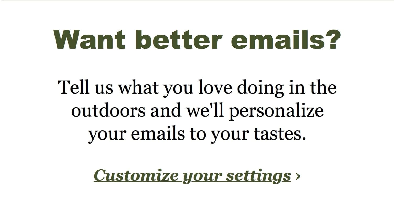 Email signup form with text about personalized outdoor recommendations