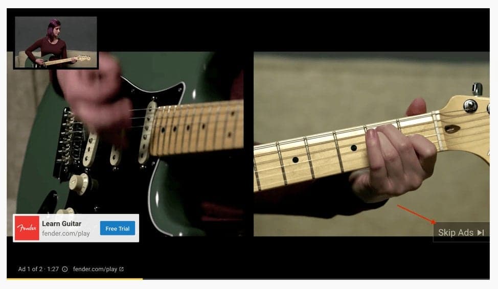 Fender guitar learning advertisement with instructional content