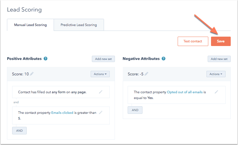 Lead scoring configuration with positive and negative attributes