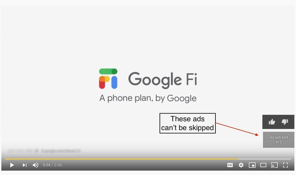 Google Fi phone plan advertisement with unskippable video ads