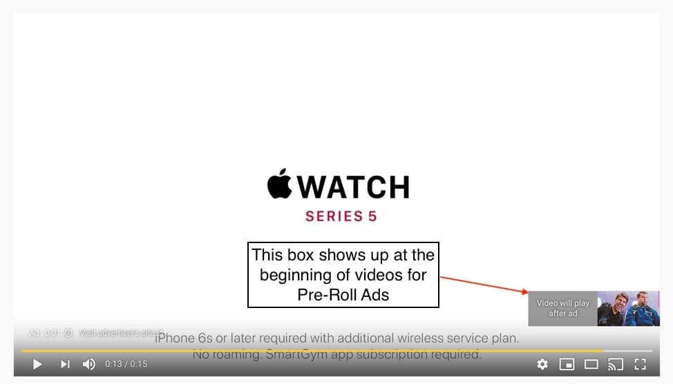 Apple Watch Series 5 video advertisement showing pre-roll ad placement
