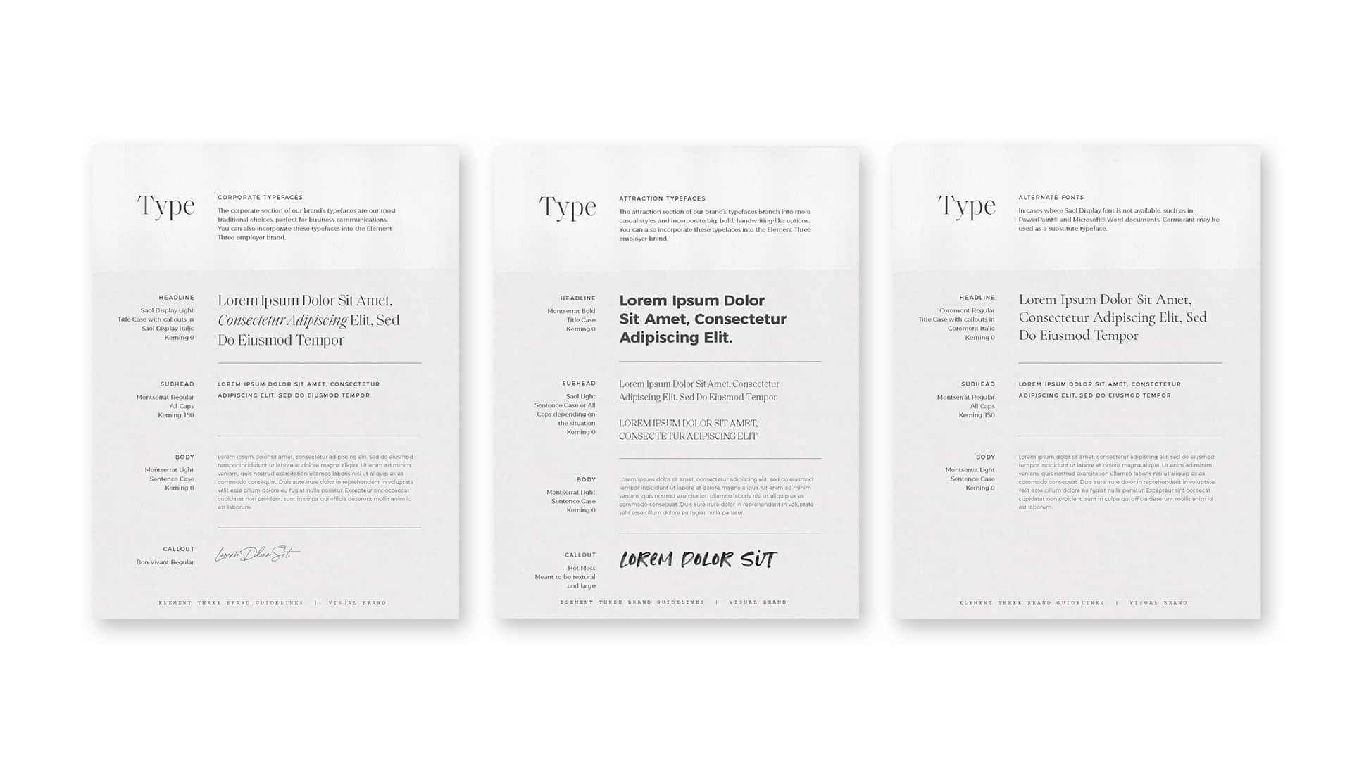 Brand guidelines page showing typography styles and font selections