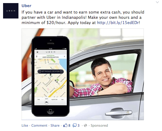 Uber sponsored social media ad promoting ride-sharing earnings opportunity