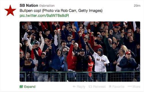 Twitter screenshot showing Boston Red Sox fans celebrating at a baseball game