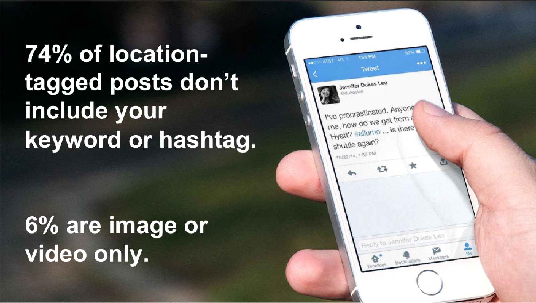 Mobile phone display with social media post statistics about location-tagged posts