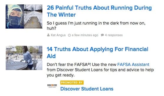 Blog post snippets with headlines about winter running and financial aid applications