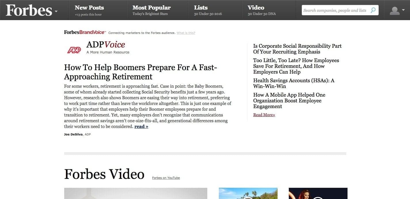 Forbes website homepage showing articles, navigation, and branded content