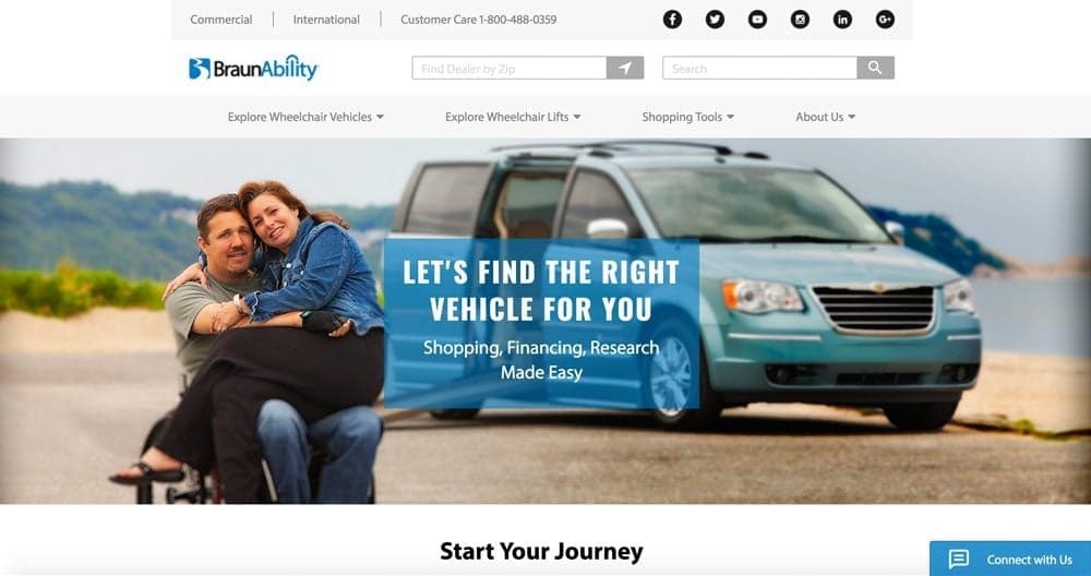 BraunAbility website showing wheelchair accessible vehicle finder tool