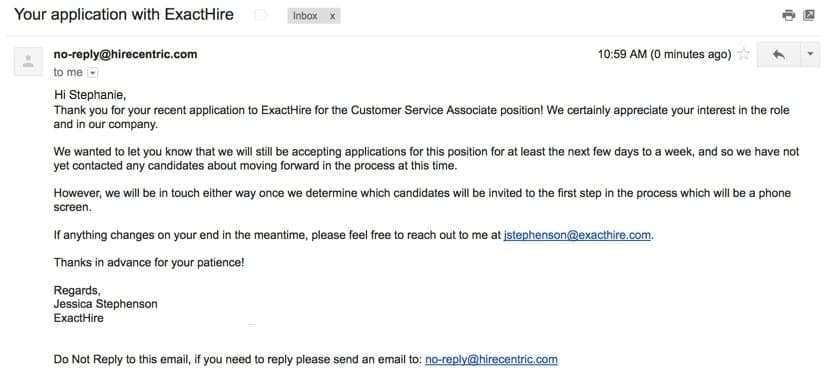 Candidate communication email template from ExactHire