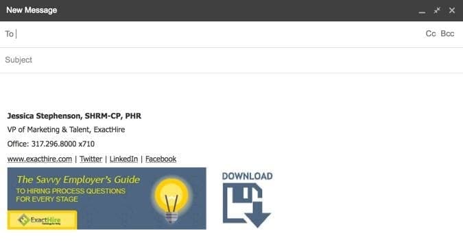 Email template screenshot from ExactHire showing candidate communication