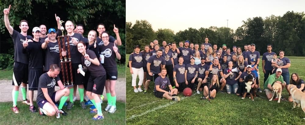 Company kickball teams across two years in matching uniforms