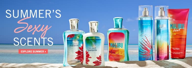Promotional banner for summer scent collection with bottles and beach