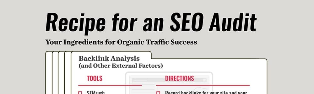 Recipe for an SEO Audit infographic with ingredients and tools list