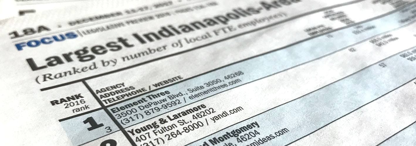 Element Three Listed as Largest Full-Service Agency in Indianapolis by the Indianapolis Business Journal