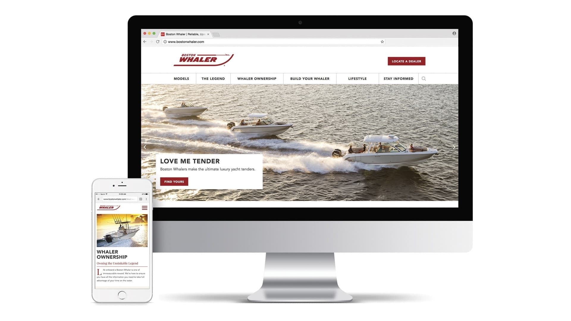 Boston Whaler boats website mockup showing luxury boat ownership experience