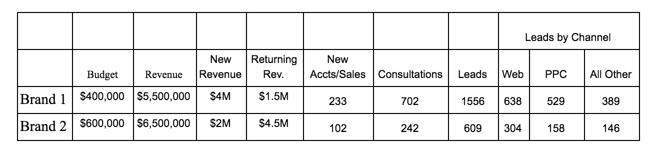 Budget and revenue table with leads by channel breakdown for two brands