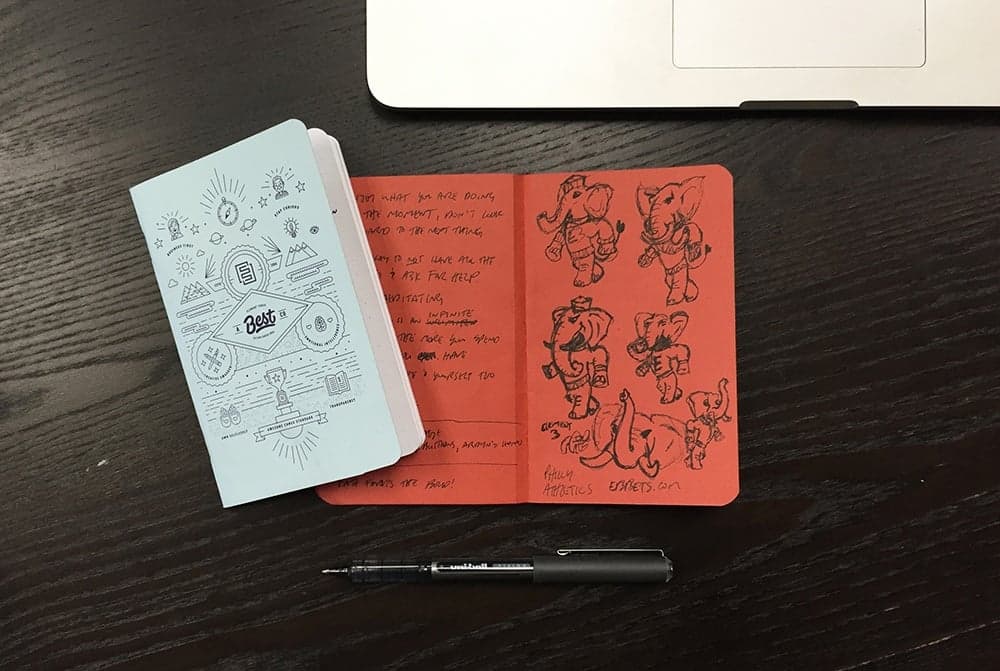Notebook with sketched ideas and handwritten field notes on wooden table
