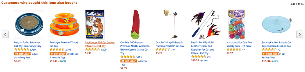 Amazon product recommendations showing cat toys and accessories