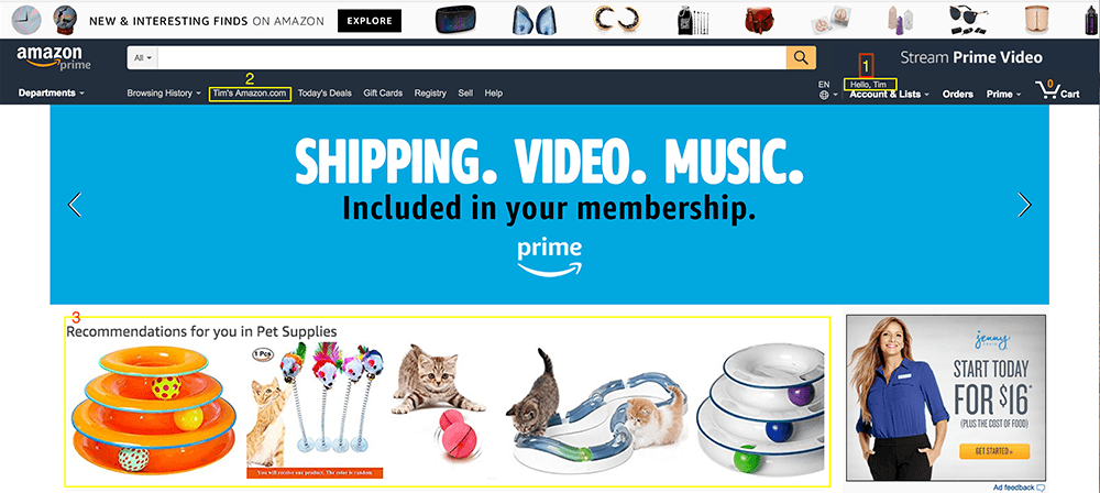 Amazon Prime homepage with membership benefits banner