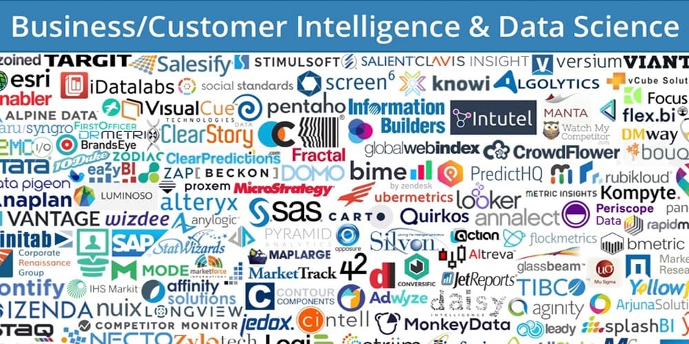 Collage of business and customer intelligence and data science software vendor logos