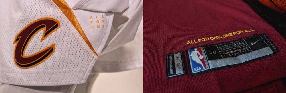 Close-up of Cleveland Cavaliers basketball jersey showing logo and text