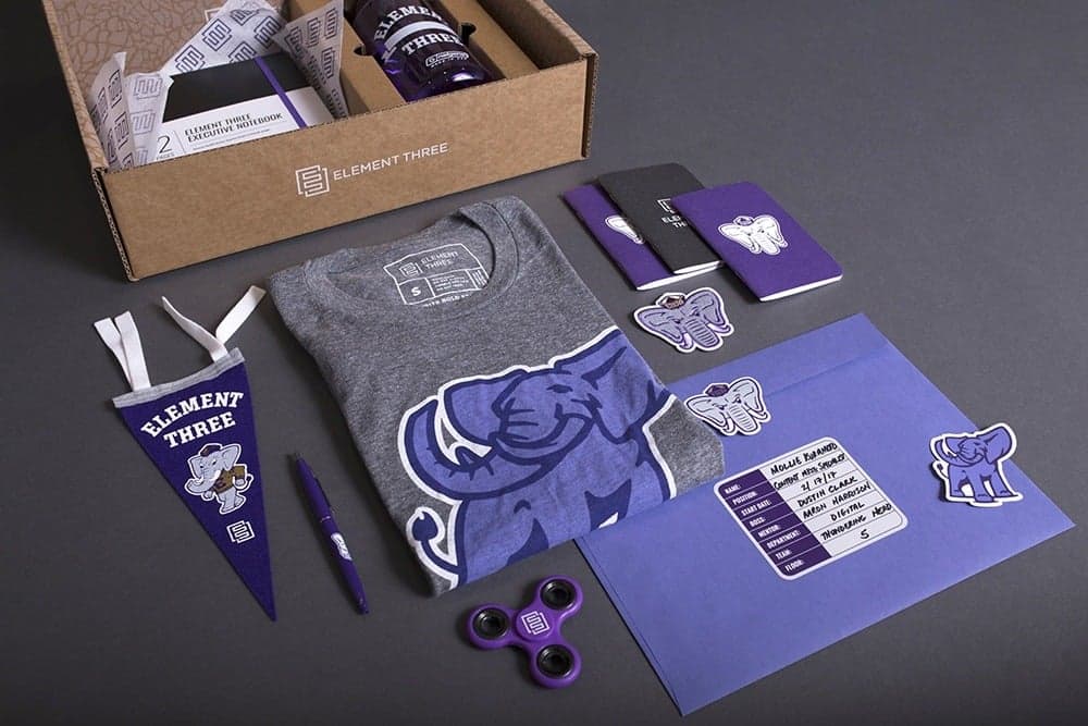 Element Three branded employee onboarding kit with swag items in cardboard box