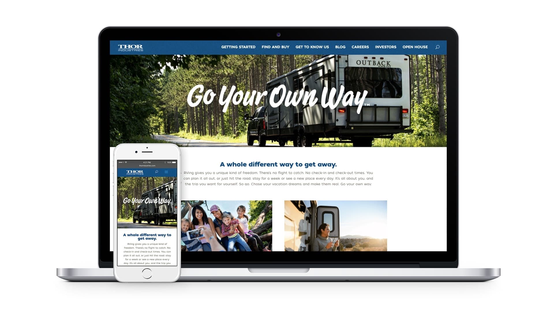 Thor Industries website showing Go Your Own Way lifestyle messaging with Outback RV