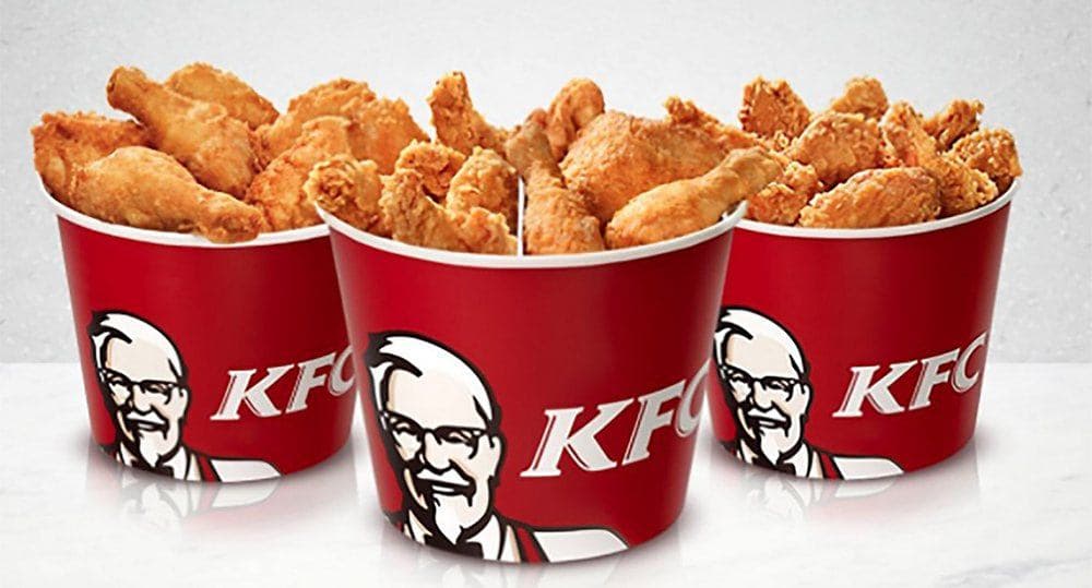 Three buckets of KFC fried chicken