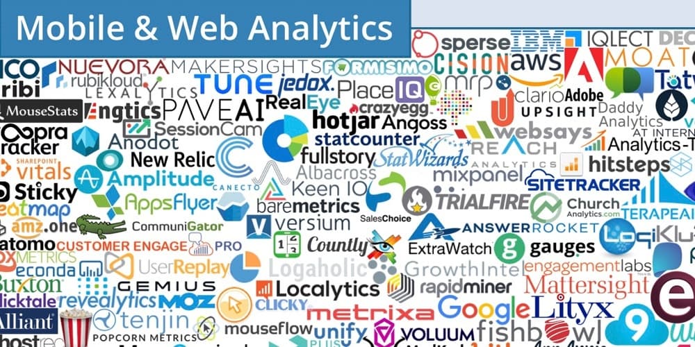 Collage of mobile and web analytics software vendor logos