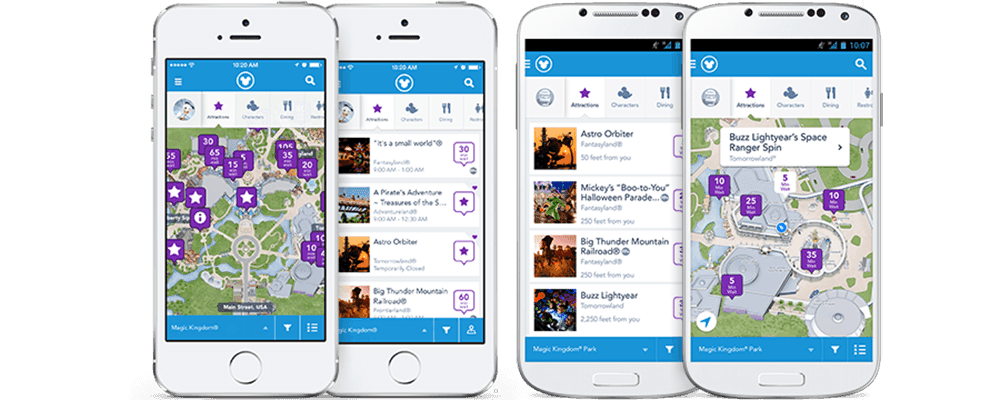 My Disney Experience app screenshot showing park attractions and map