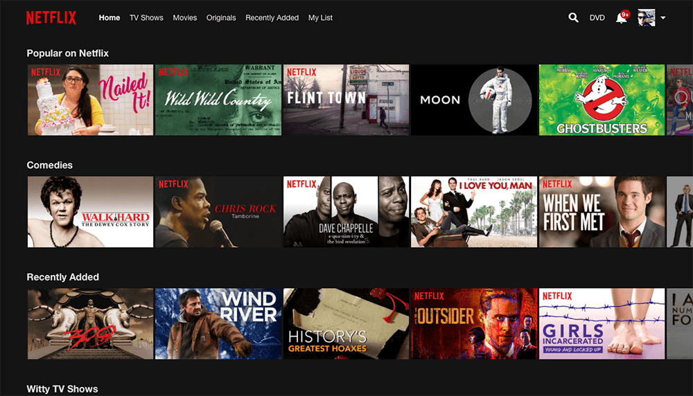 Netflix homepage showing personalized content recommendations