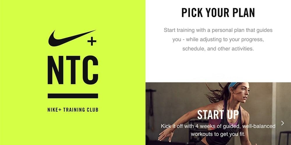 Nike Training Club app with lime green logo and smiling athlete in training gear