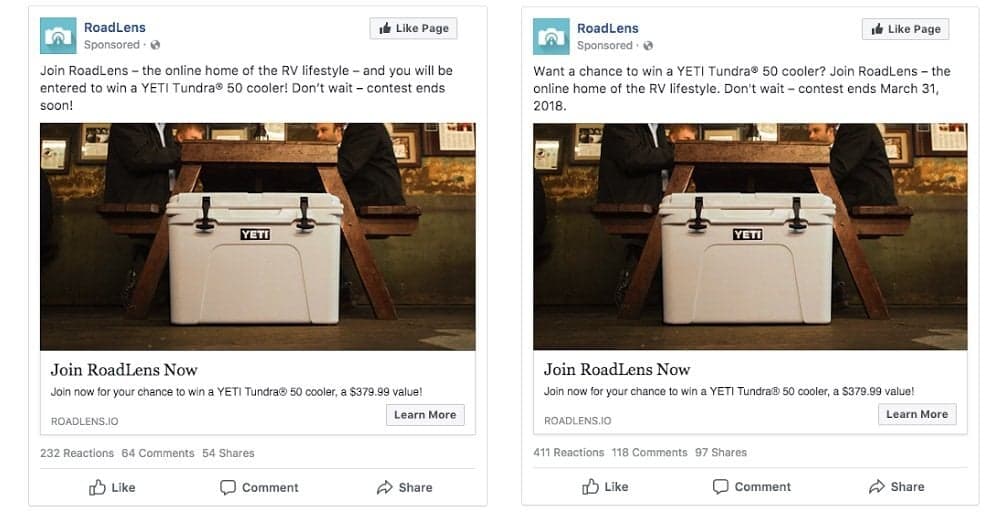 RoadLens Facebook ads for YETI Tundra cooler giveaway contest