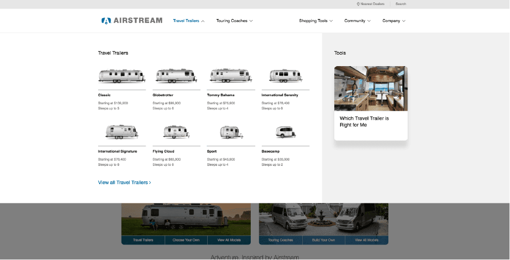 Airstream travel trailer product showcase with models and pricing