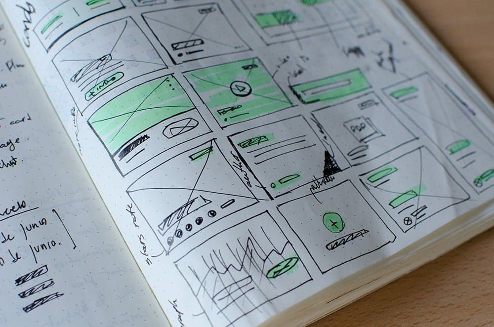 Hand-drawn website wireframe sketches with green highlights on paper