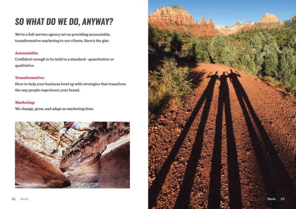 Service categories page detailing accountable, transformative, and marketing offerings with desert landscape imagery