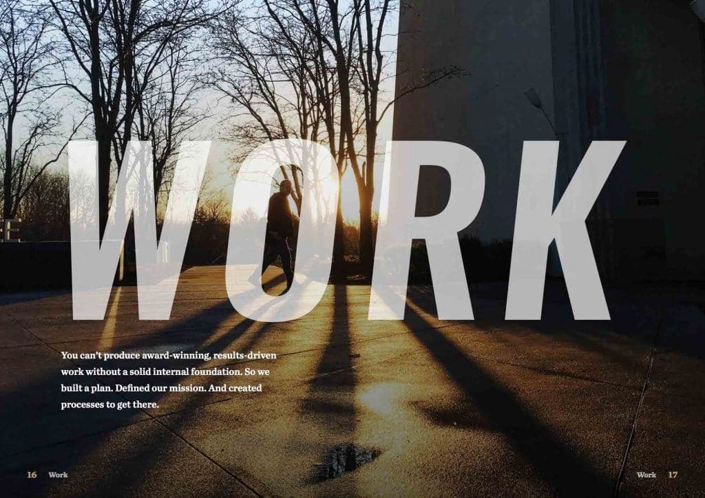 Element Three work philosophy page with red rock landscape and company mission text about bold storytelling